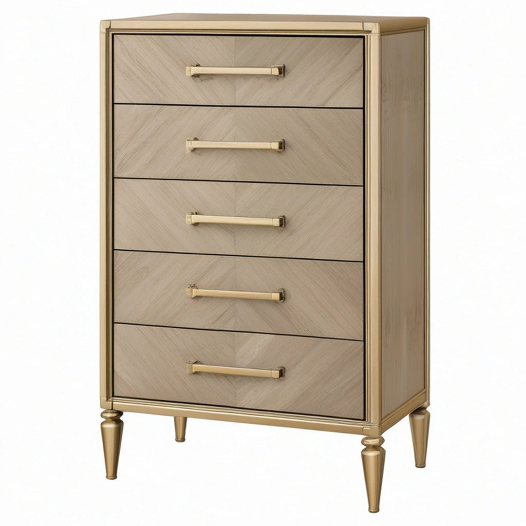 Cassettiera 80 x 45 x 120 cm in legno beige con finiture dorate - stile classico a 5 cassetti