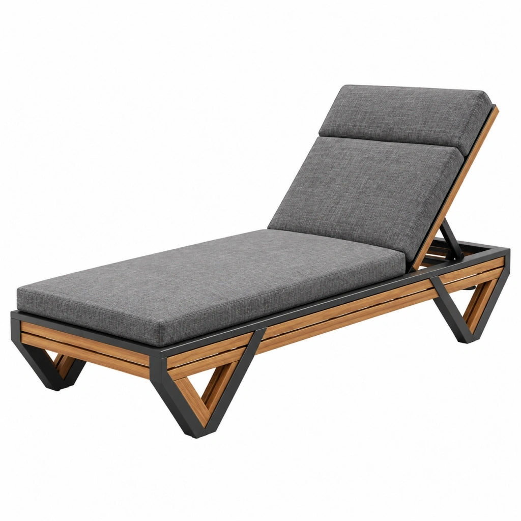 Lettino prendisole 200 x 70 cm in legno e metallo nero con schienale regolabile grigio