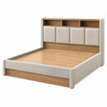 Letto matrimoniale 160 x 200 cm in legno beige con testiera imbottita e vani a giorno