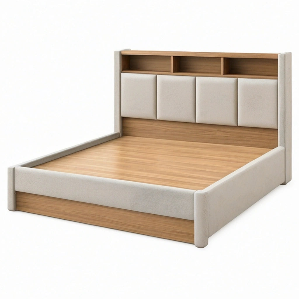 Letto matrimoniale 160 x 200 cm in legno beige con testiera imbottita e vani a giorno