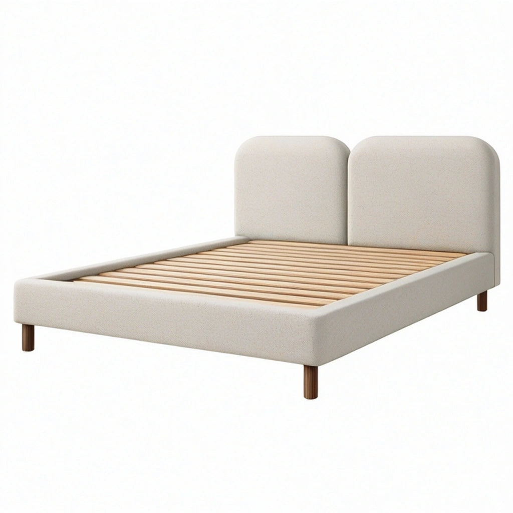Letto matrimoniale 160 x 200 cm in tessuto beige con testiera imbottita e rete a doghe