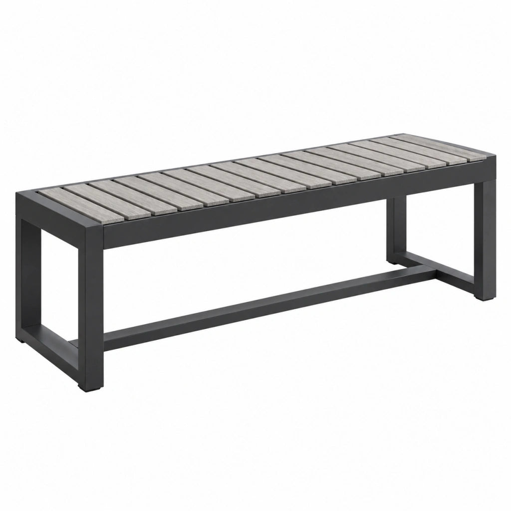 Panca da esterno 150 x 40 x 45 cm in metallo nero e doghe grigie stile moderno