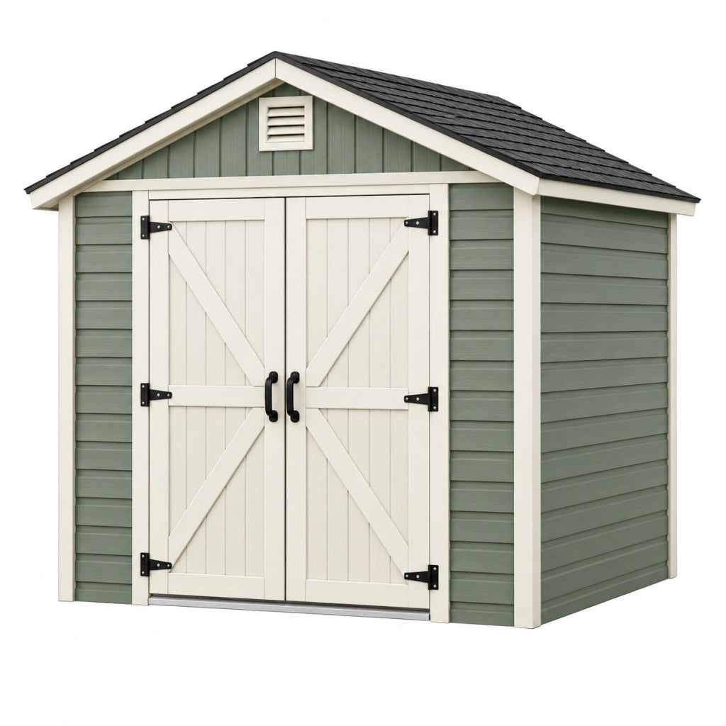 Casetta da giardino 200 x 150 x 210 cm in resina verde salvia e avorio con doppia porta stile rustico