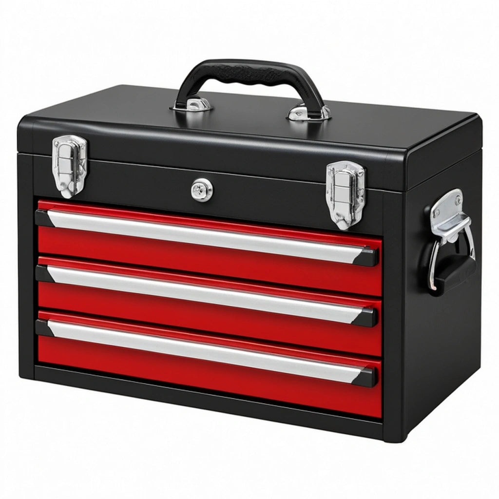 Cassetta portautensili 40 cm in metallo nero e rosso - 3 cassetti con maniglia
