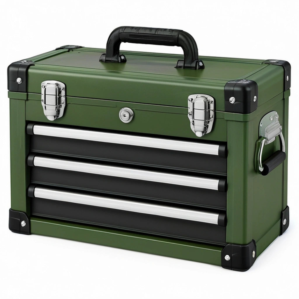 Cassetta portautensili 45 x 25 x 35 cm in metallo verde con 3 cassetti e maniglia