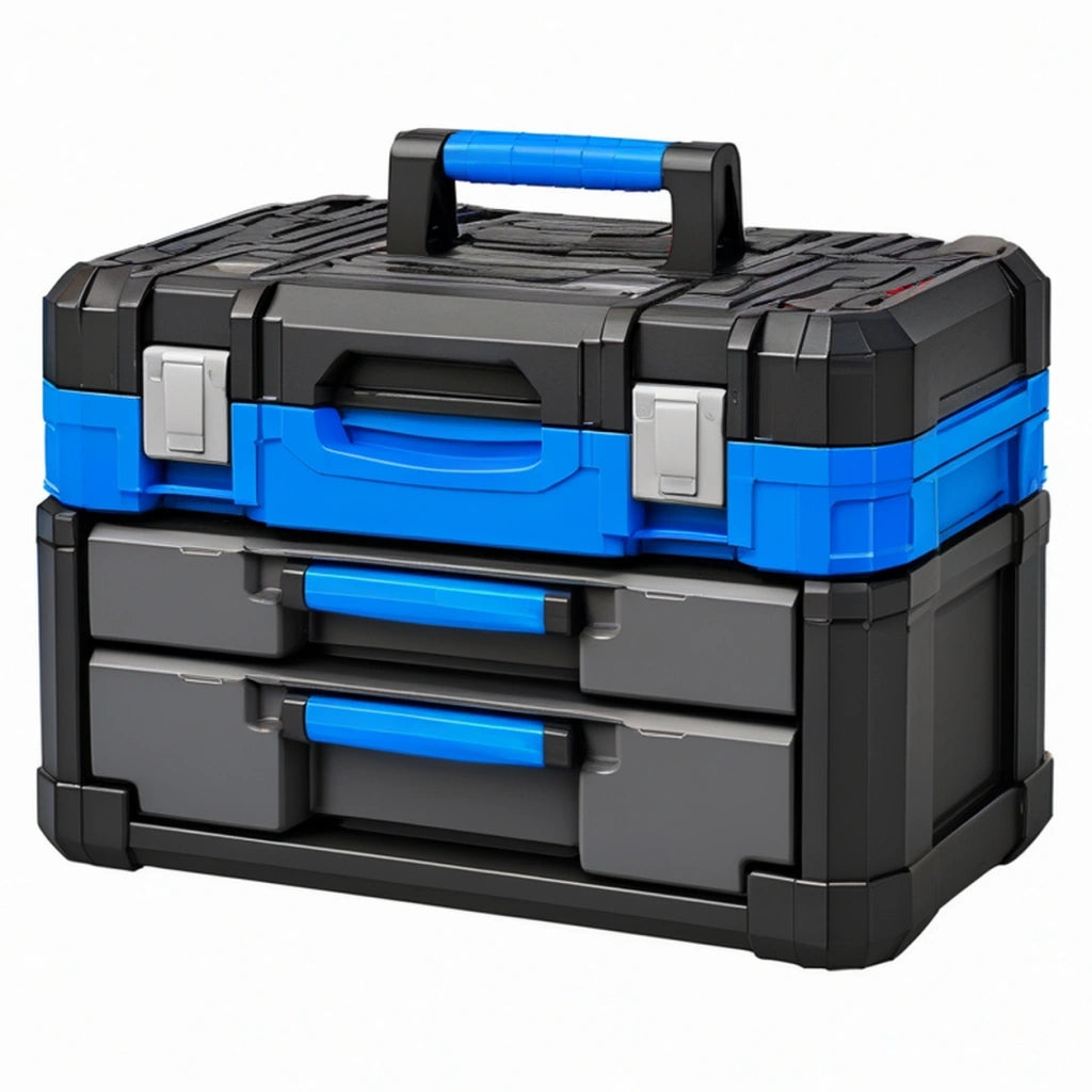 Cassetta portautensili 50 x 30 x 30 cm in plastica blu e nera con 2 cassetti