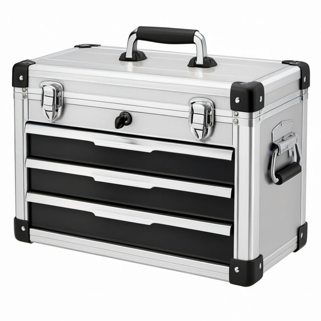 Cassetta portautensili 40 x 30 x 35 cm in alluminio argento e nero con 3 cassetti