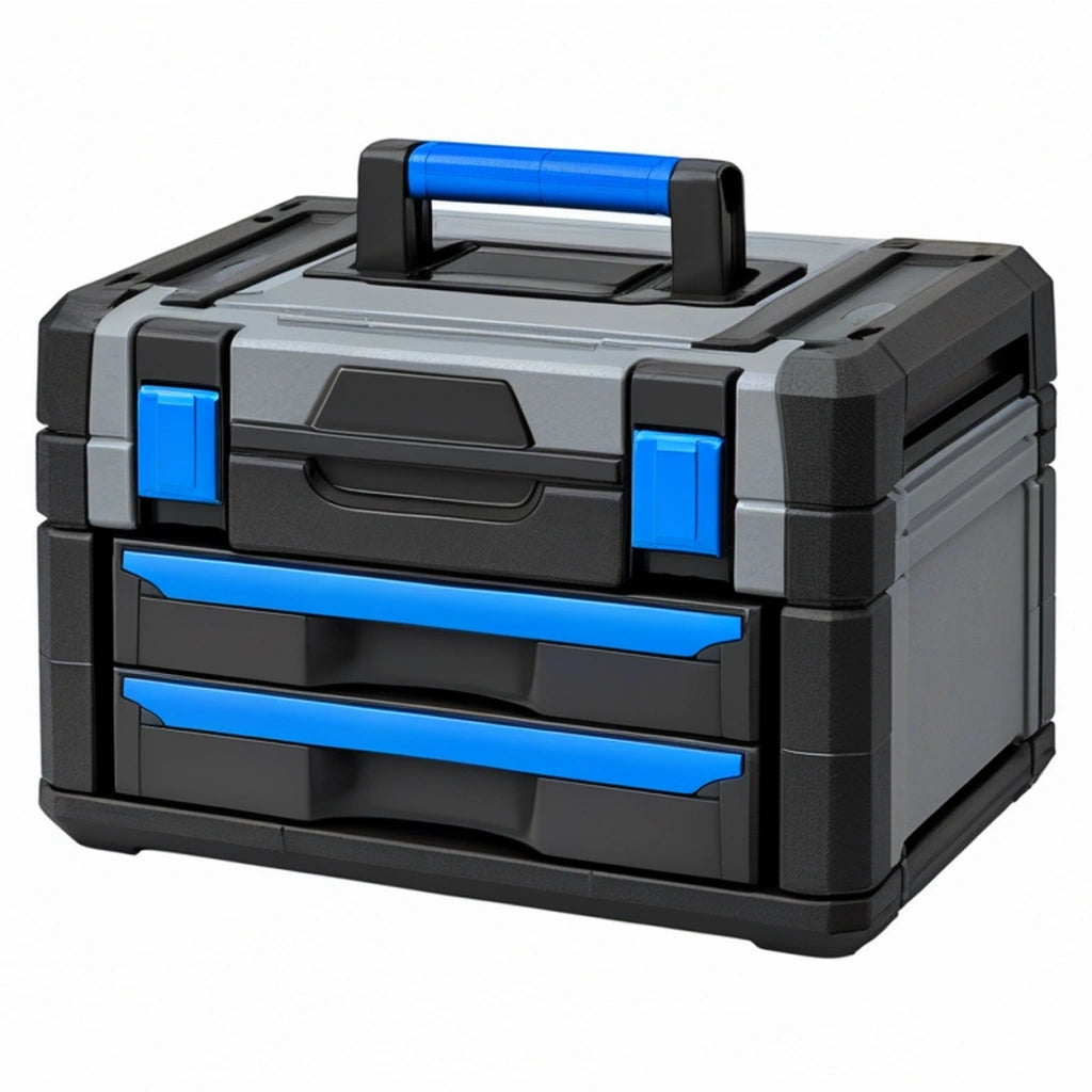 Cassetta portautensili 50 x 30 x 35 cm in plastica nera e blu con cassetti portatile